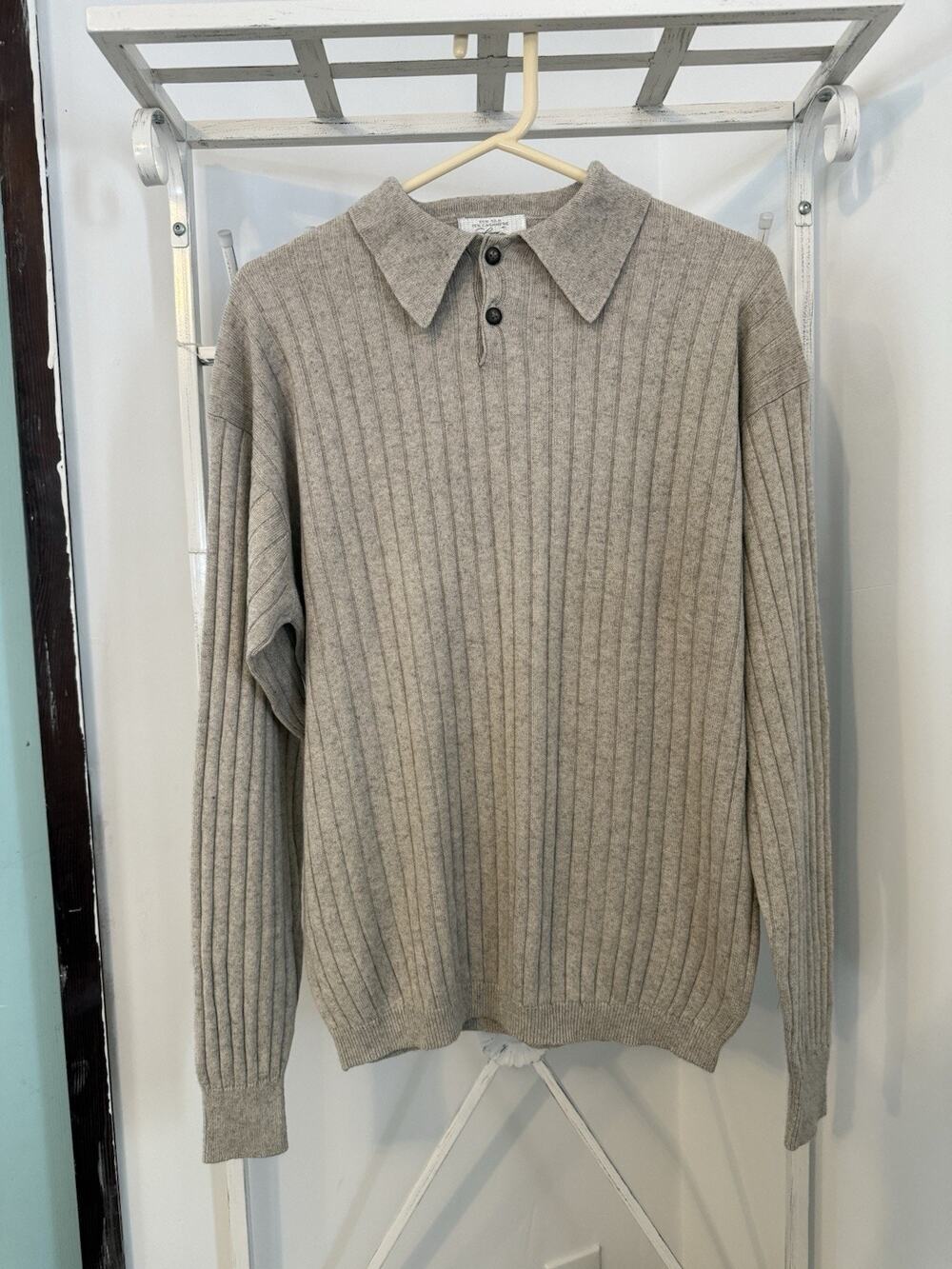 Louis roth ribbed knit long-sleeve polo sweater, silk cashmere Md beige
